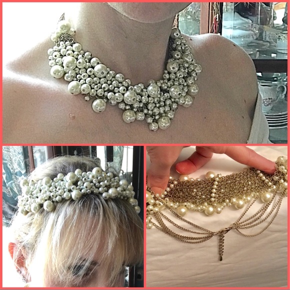 pishpish shop Jewelry - Bridal Pearl & gold chain Necklace Crown Headpiece